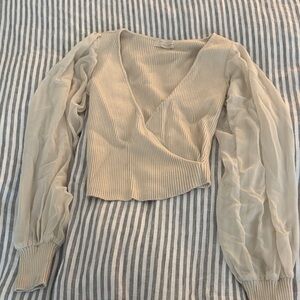 Urban Outfitters Cream Wrap Blouse with Sheer Sleeves